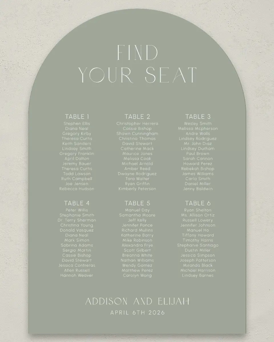 This is a 24" x 36" Arch Seating Chart Sign called Modern Monogram printed in full color