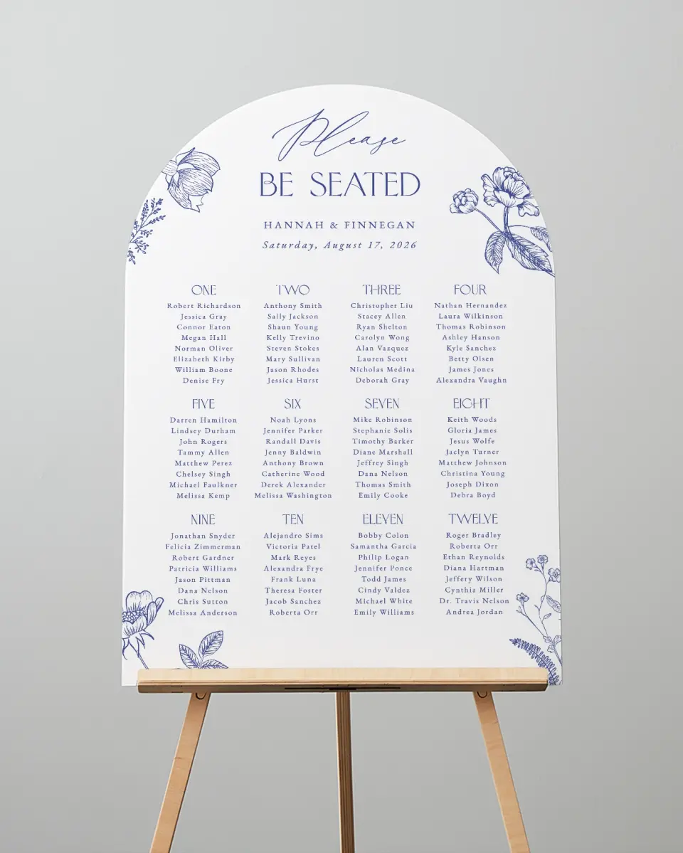 This is a 24" x 36" Arch Seating Chart Sign called Modern Chinoiserie printed in full color