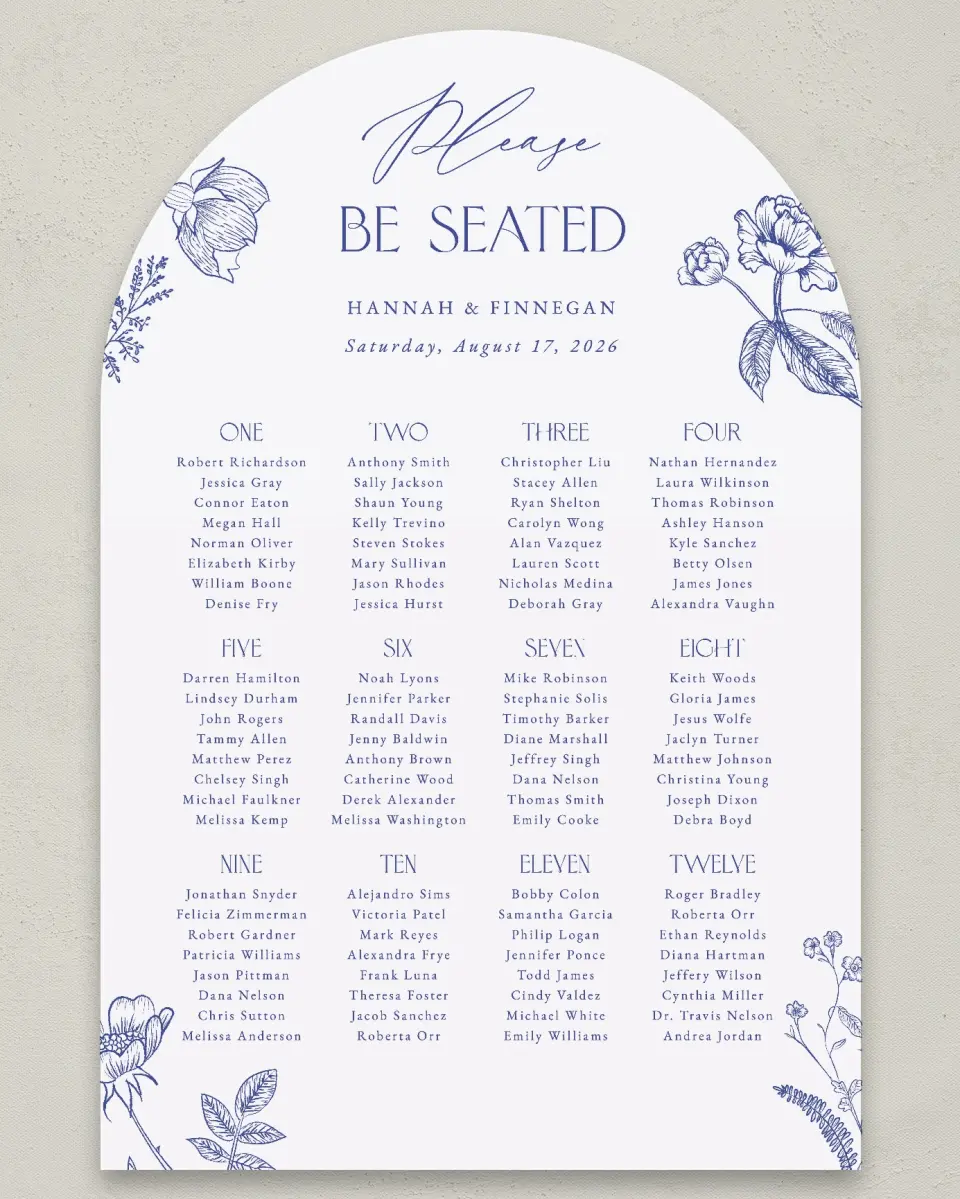 This is a 24" x 36" Arch Seating Chart Sign called Modern Chinoiserie printed in full color