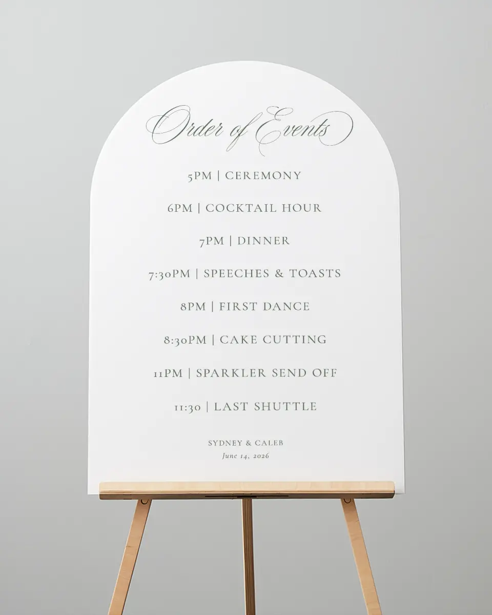 This is a 24" x 36" Arch Schedule Sign called Elegant Frame printed in full color