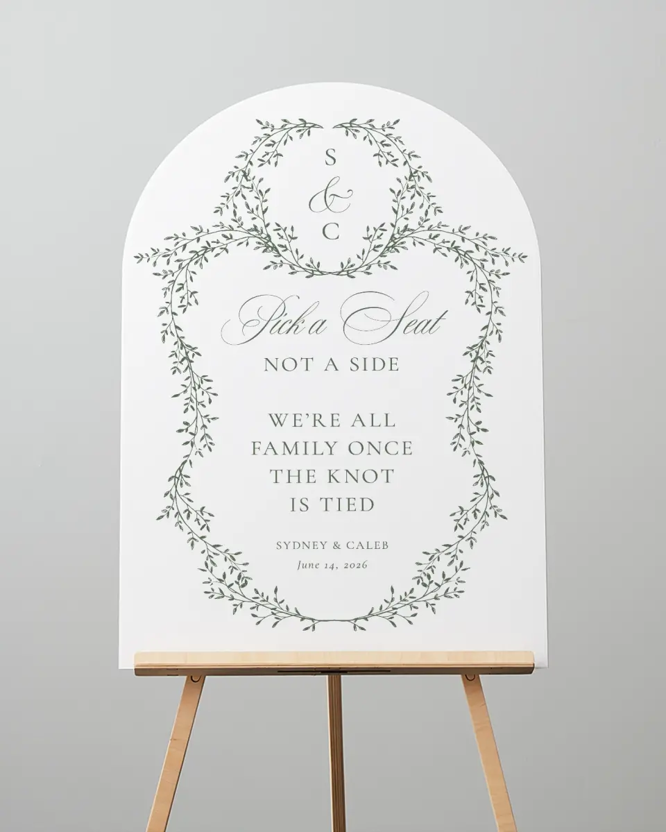 This is a 24" x 36" Arch Pick a Seat Sign called Elegant Frame printed in full color