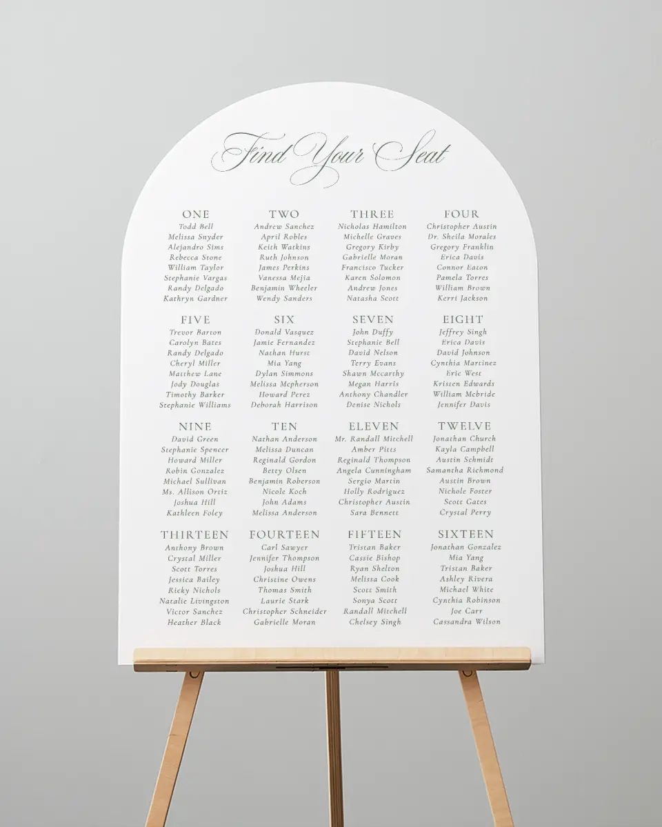 This is a 24" x 36" Arch Seating Chart Sign called Elegant Frame printed in full color
