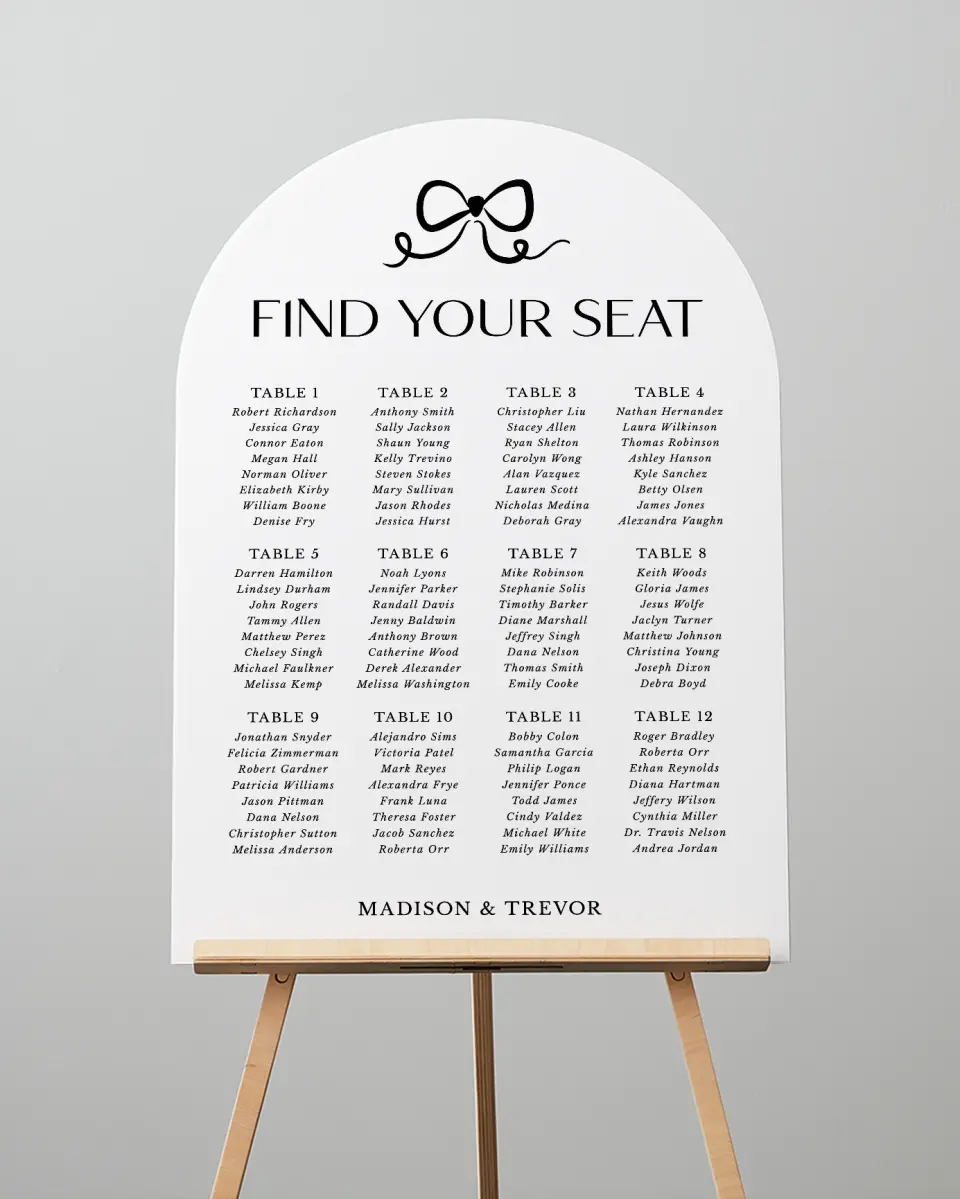 This is a 24" x 36" Arch Seating Chart Sign called The Madison printed in full color