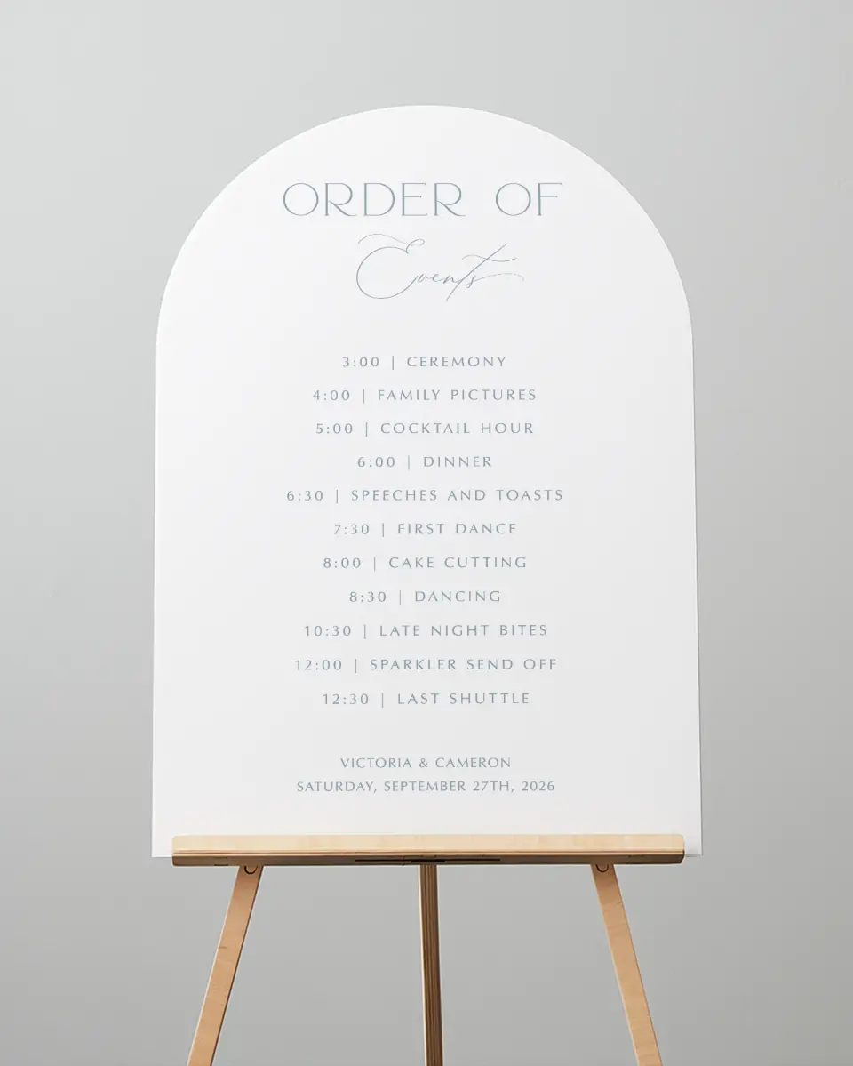 This is a 24" x 36" Arch Schedule Sign called The Victoria printed in full color