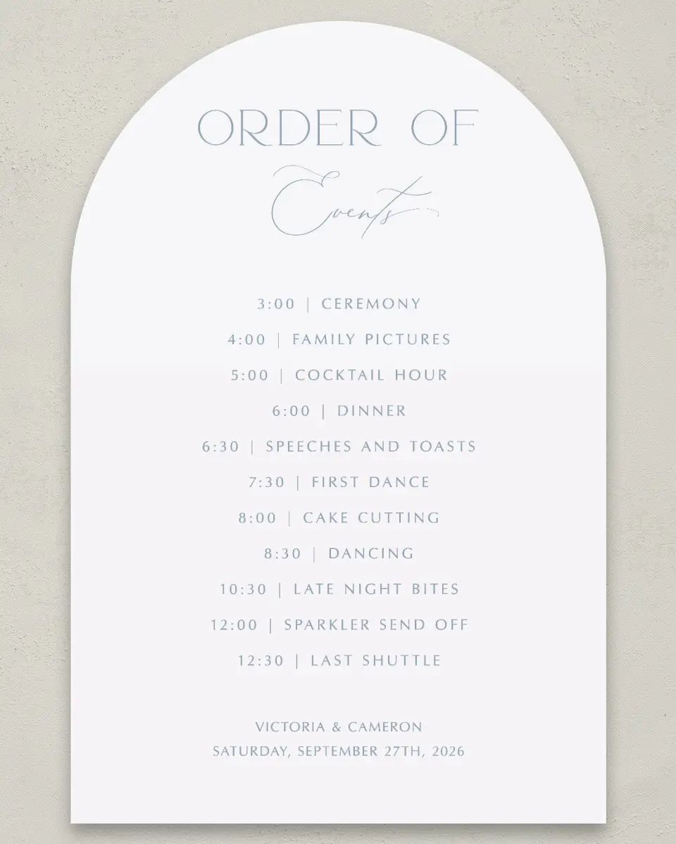 This is a 24" x 36" Arch Schedule Sign called The Victoria printed in full color