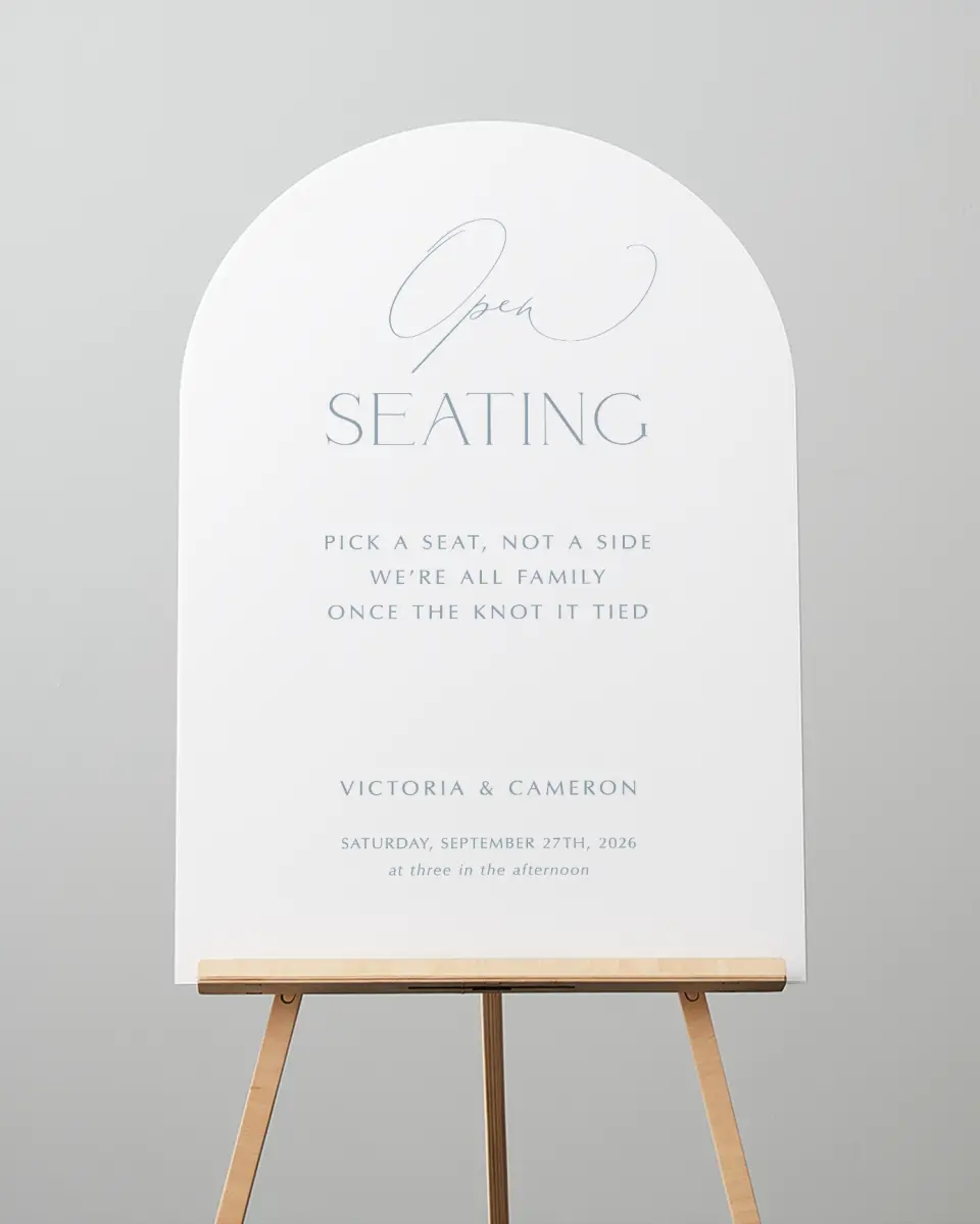 This is a 24" x 36" Arch Pick a Seat Sign called The Victoria printed in full color