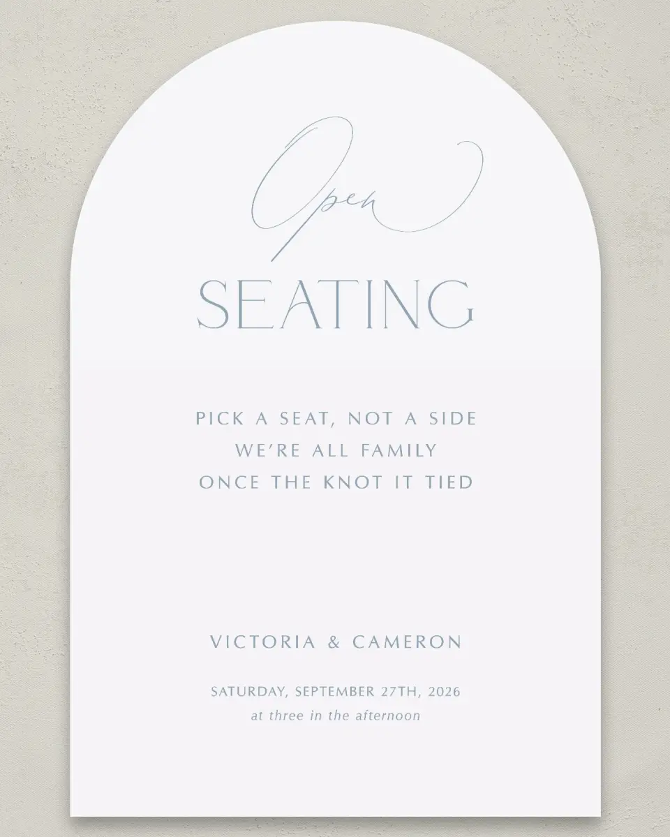 This is a 24" x 36" Arch Pick a Seat Sign called The Victoria printed in full color