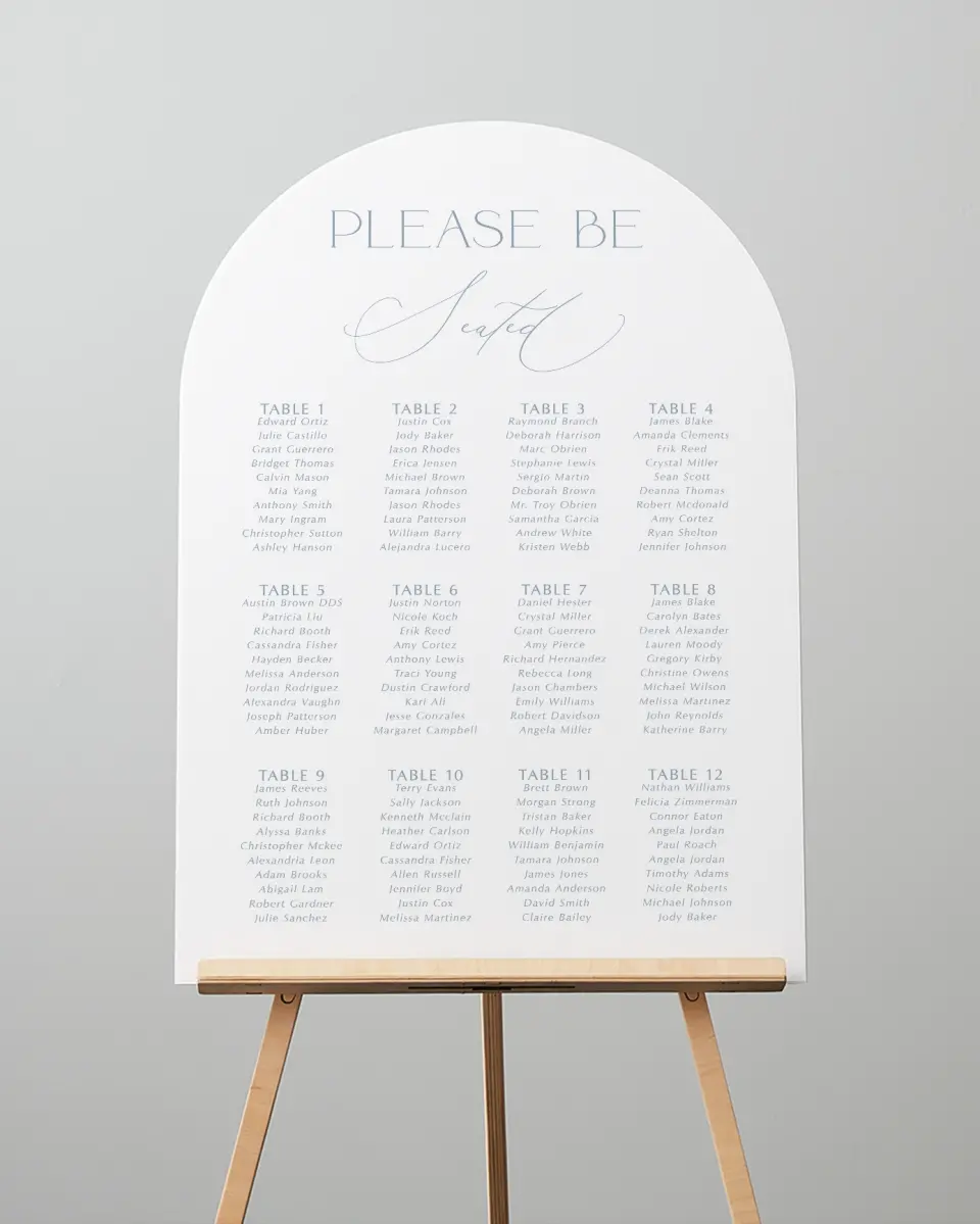 This is a 24" x 36" Arch Seating Chart Sign called The Victoria printed in full color