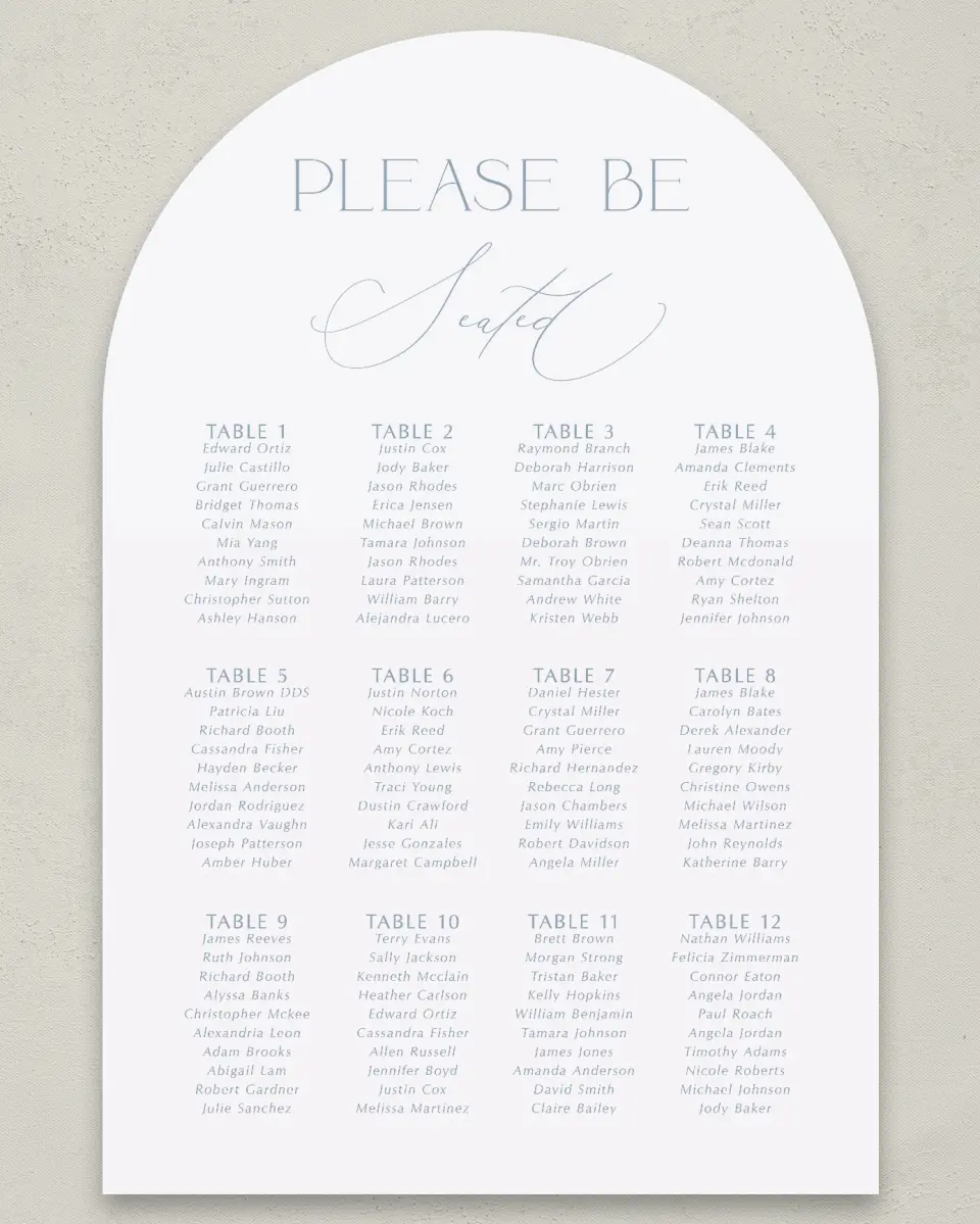 This is a 24" x 36" Arch Seating Chart Sign called The Victoria printed in full color