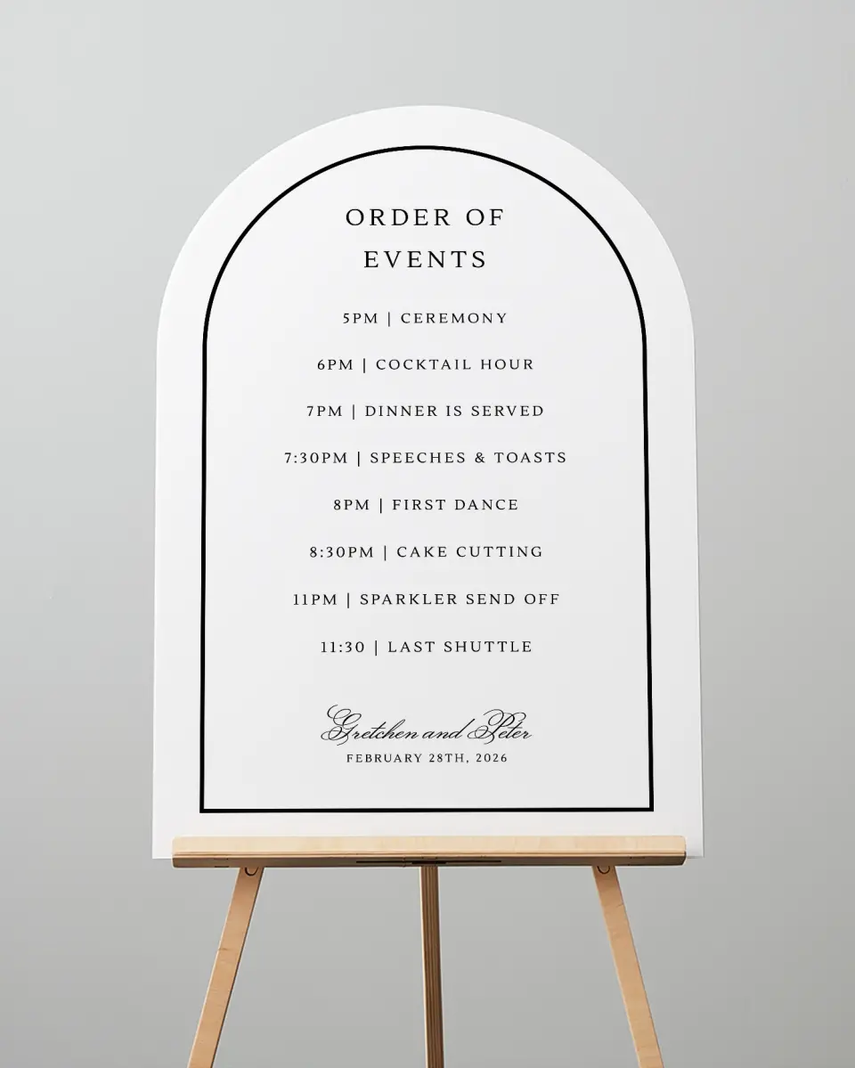This is a 24" x 36" Arch Schedule Sign called Elegant Tradition printed in full color