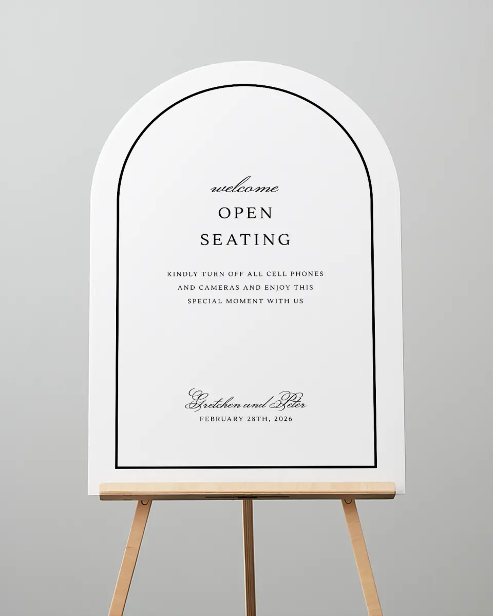 This is a 24" x 36" Arch Pick a Seat Sign called Elegant Tradition printed in full color