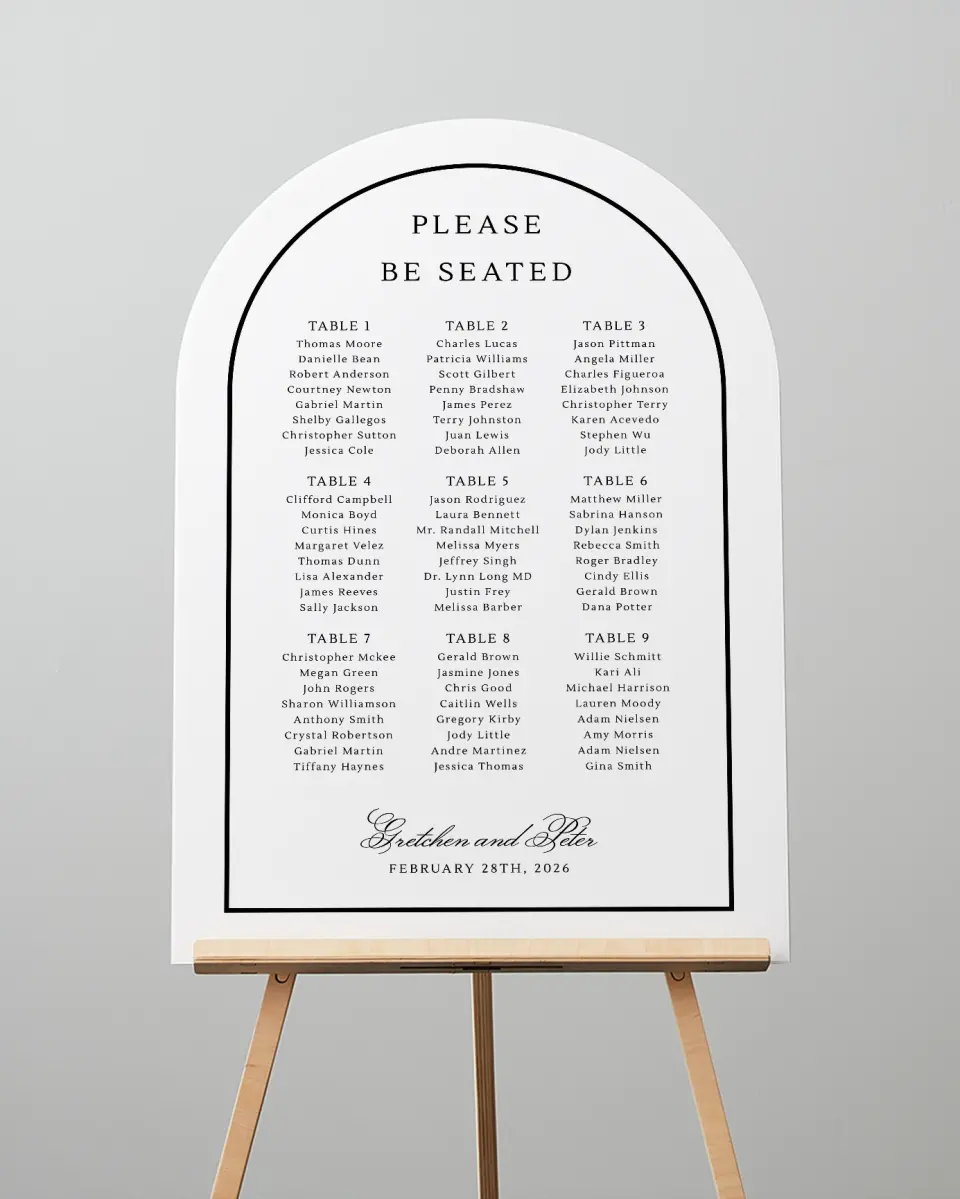 This is a 24" x 36" Arch Seating Chart Sign called Elegant Tradition printed in full color