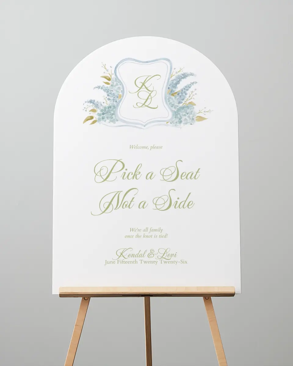 This is a 24" x 36" Arch Pick a Seat Sign called Southern Belle printed in full color