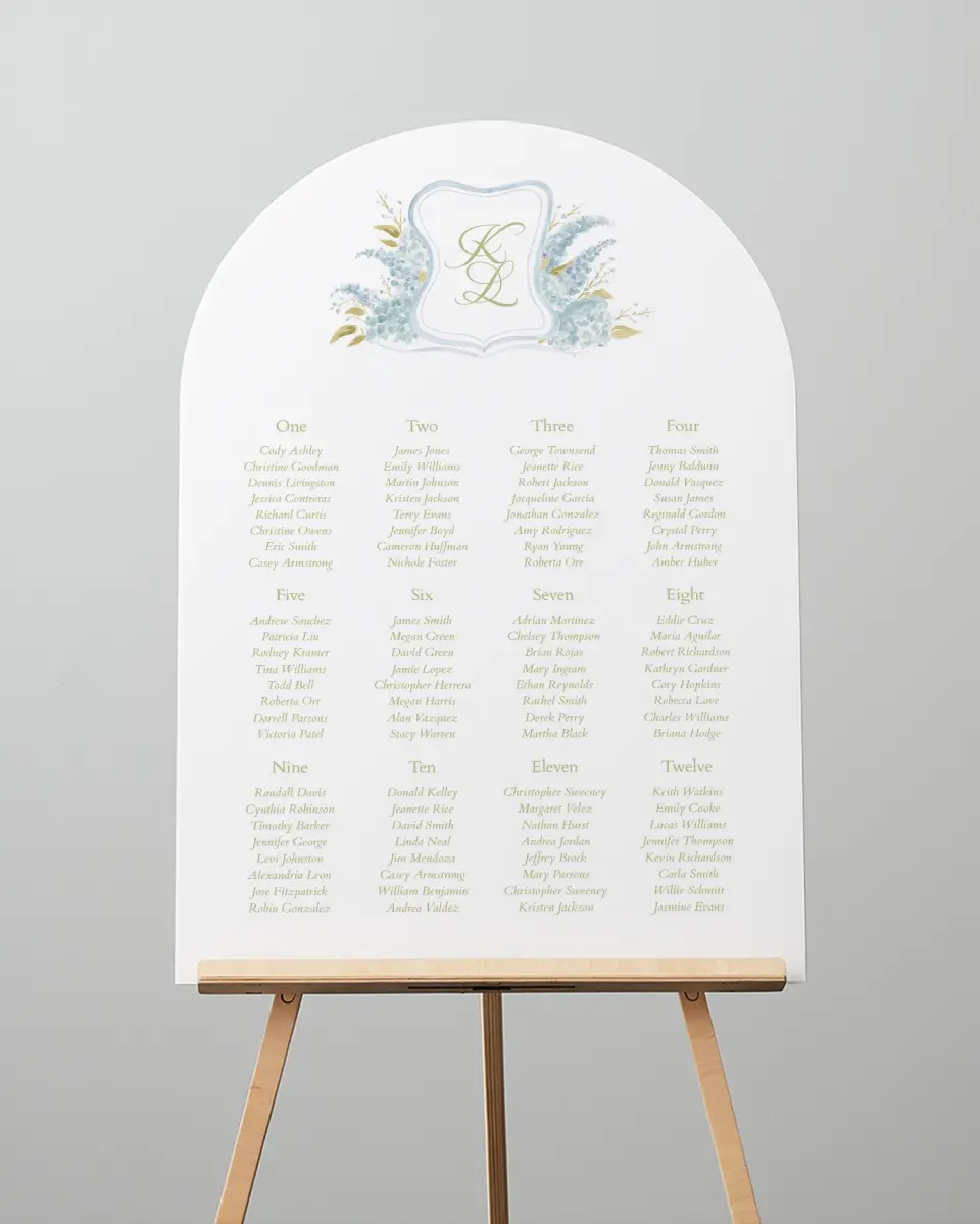 This is a 24" x 36" Arch Seating Chart Sign called Southern Belle printed in full color