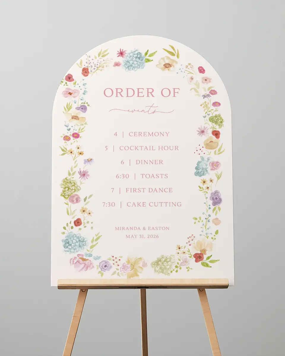 This is a 24" x 36" Arch Schedule Sign called Dainty Garden printed in full color