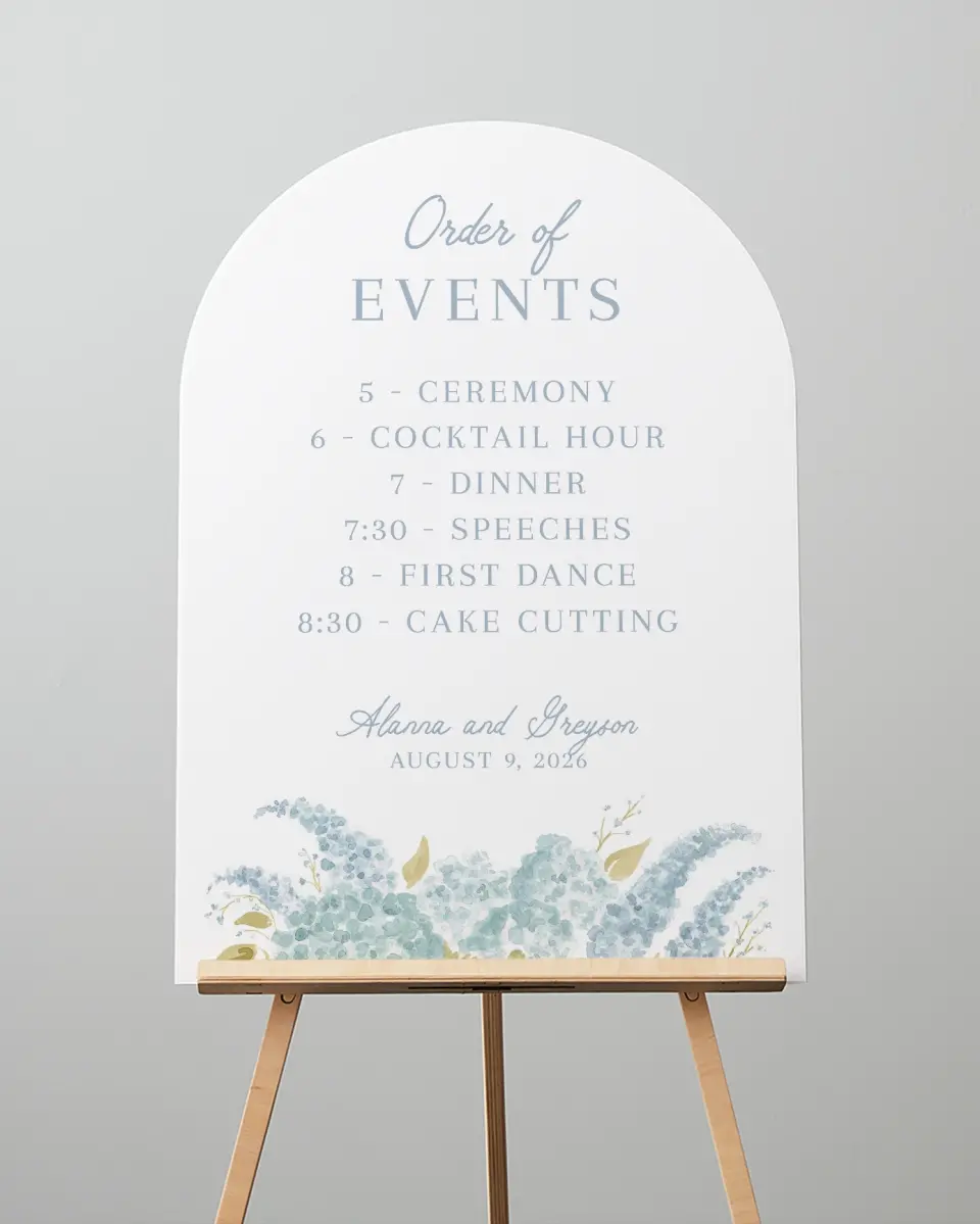 This is a 24" x 36" Arch Schedule Sign called Dashing Delphinium printed in full color