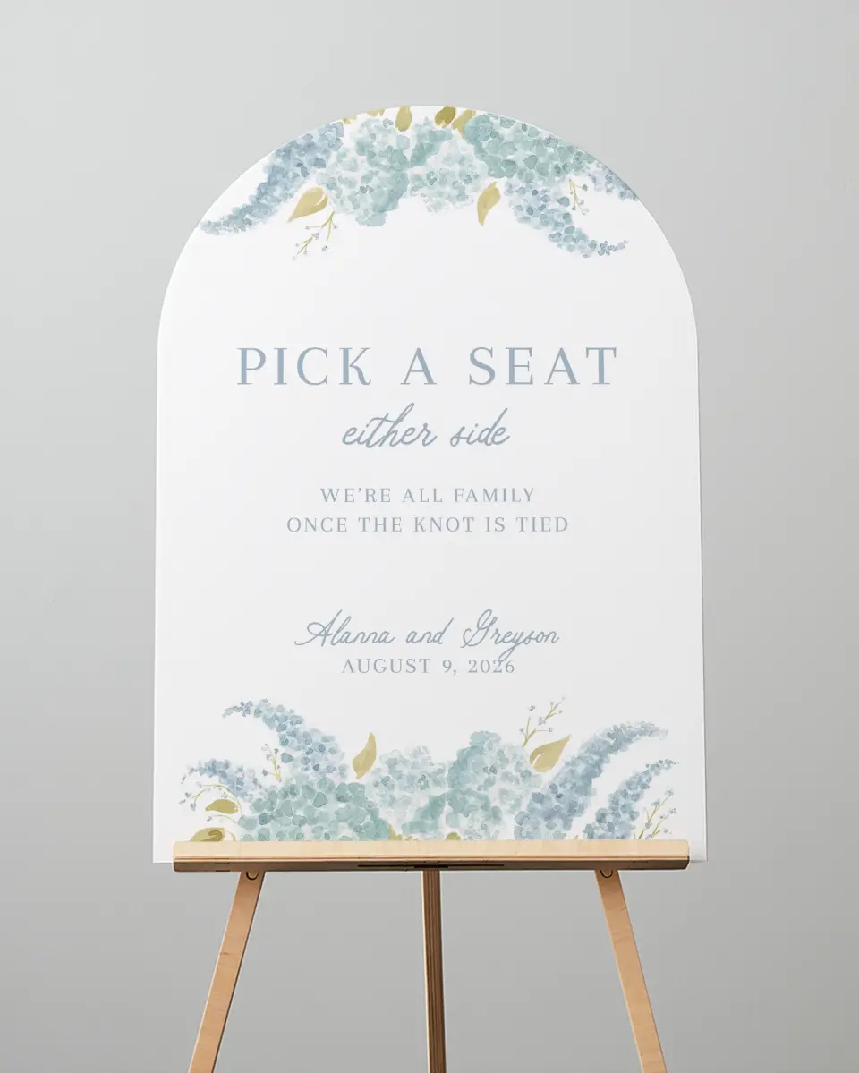 This is a 24" x 36" Arch Pick a Seat Sign called Dashing Delphinium printed in full color