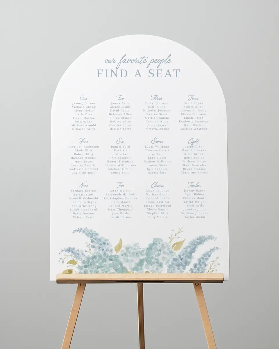 This is a 24" x 36" Arch Seating Chart Sign called Dashing Delphinium printed in full color