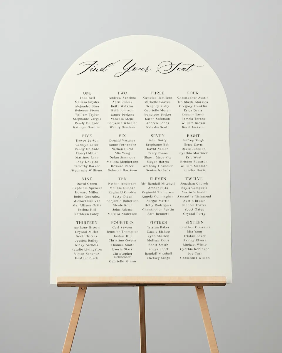 This is a 24" x 36" Arch Seating Chart Sign called Giving Grace printed in full color