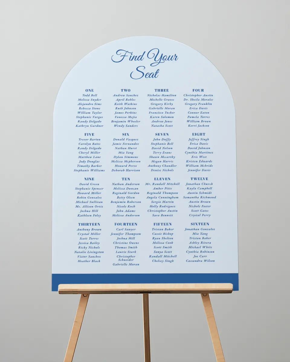 This is a 24" x 36" Arch Seating Chart Sign called Healing Hearts printed in full color