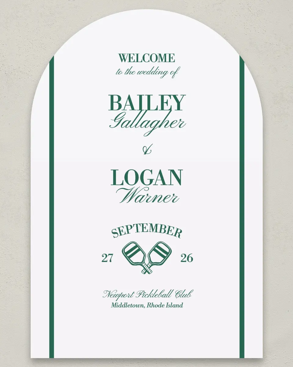 This is a 24" x 36" Arch Welcome Sign called Serving Up Forever printed in full color