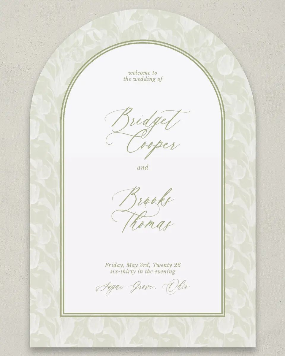 This is a 24" x 36" Arch Welcome Sign called Timeless Tulips printed in full color