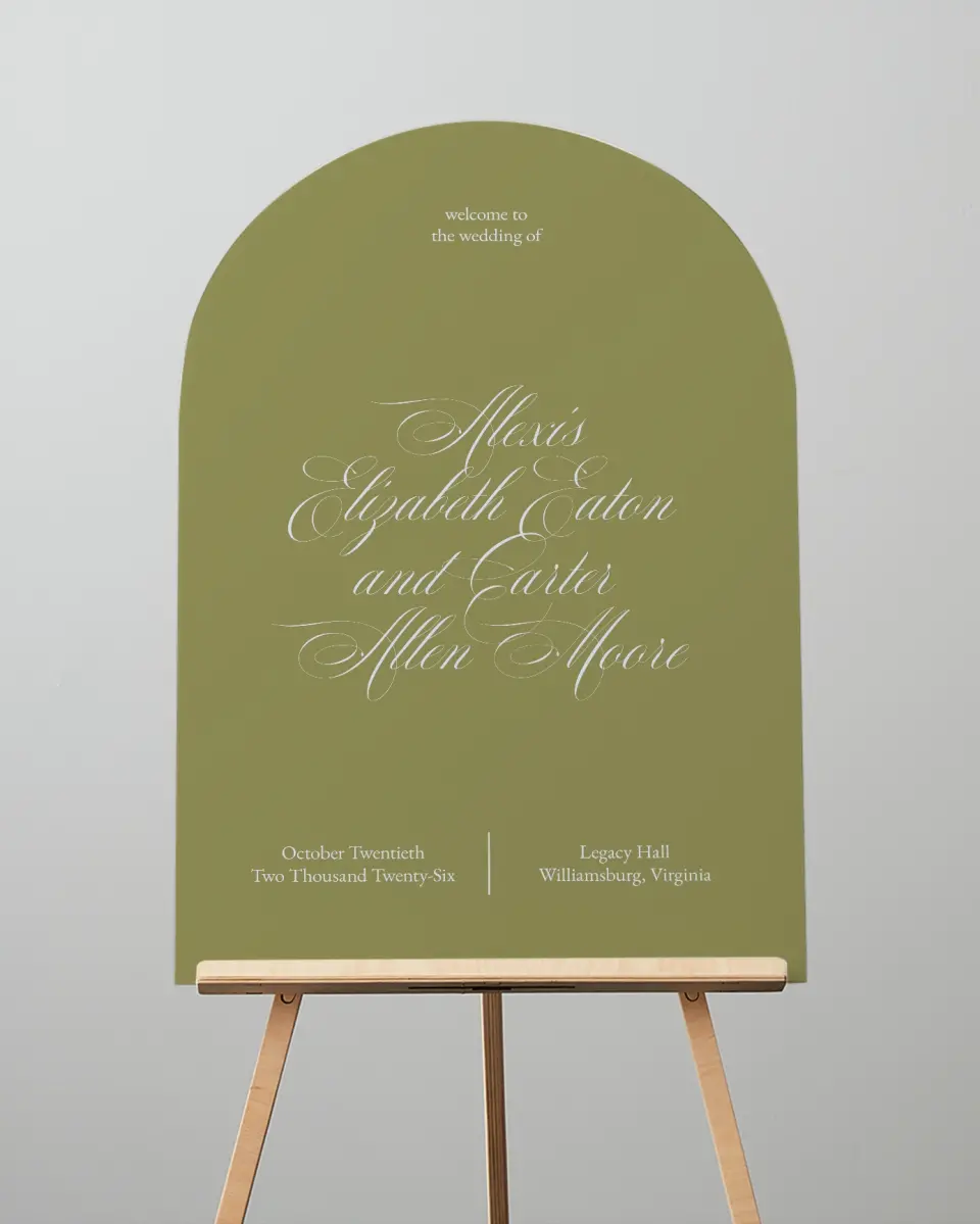 This is a 24" x 36" Arch Welcome Sign called Signature Vows printed in full color