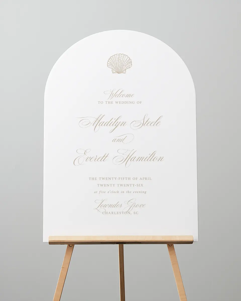 This is a 24" x 36" Arch Welcome Sign called Elegant Shell printed in full color
