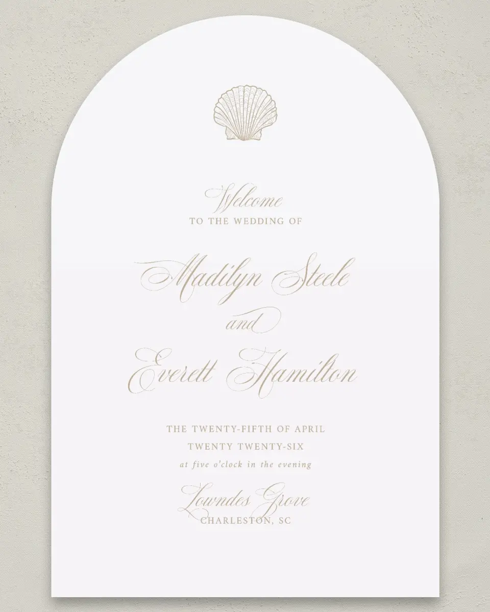 This is a 24" x 36" Arch Welcome Sign called Elegant Shell printed in full color