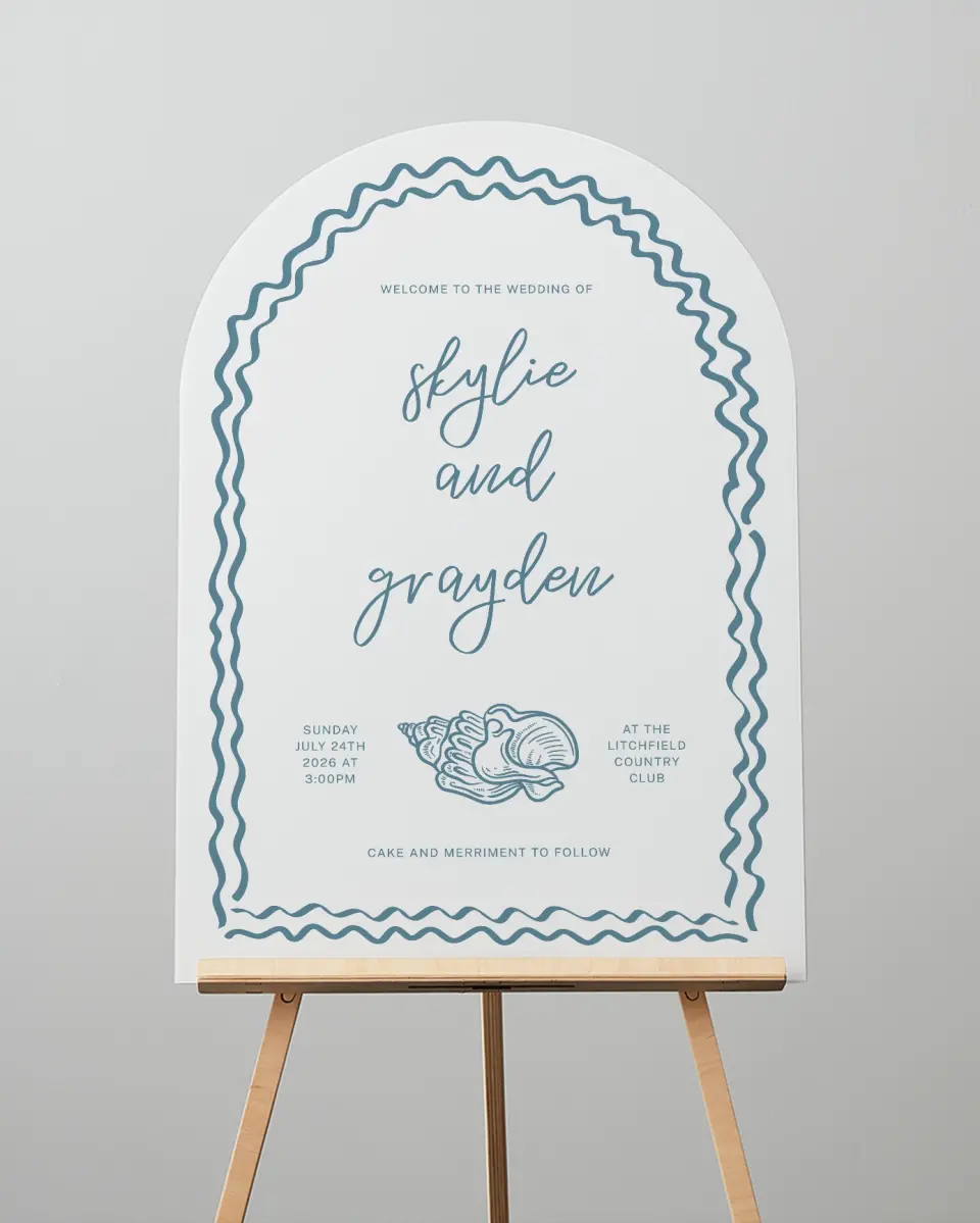 This is a 24" x 36" Arch Welcome Sign called I Hear Wedding Shells printed in full color