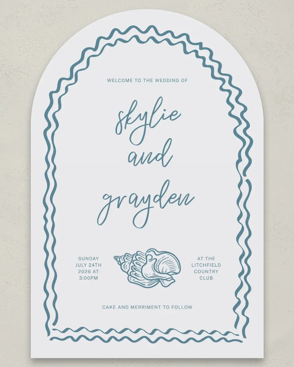 This is a 24" x 36" Arch Welcome Sign called I Hear Wedding Shells printed in full color