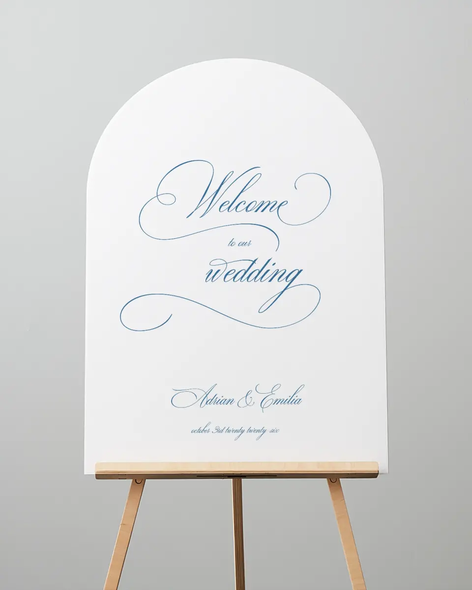 This is a 24" x 36" Arch Welcome Sign called Blue Toile Romance printed in full color