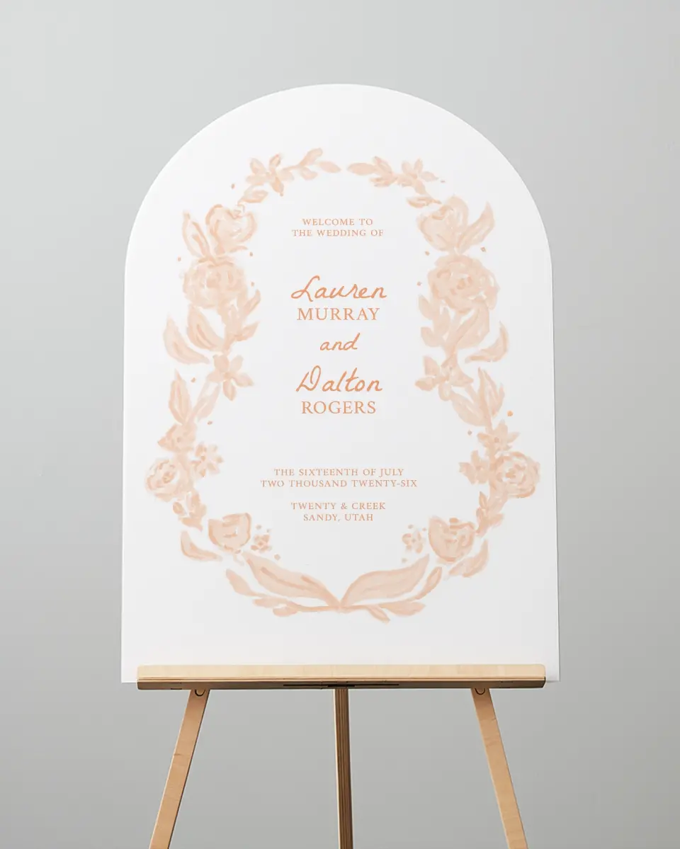 This is a 24" x 36" Arch Welcome Sign called Ever After Blooms printed in full color