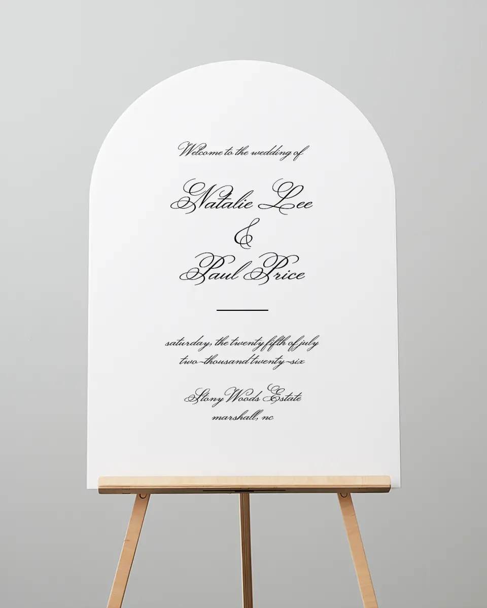 This is a 24" x 36" Arch Welcome Sign called Formal Script printed in full color