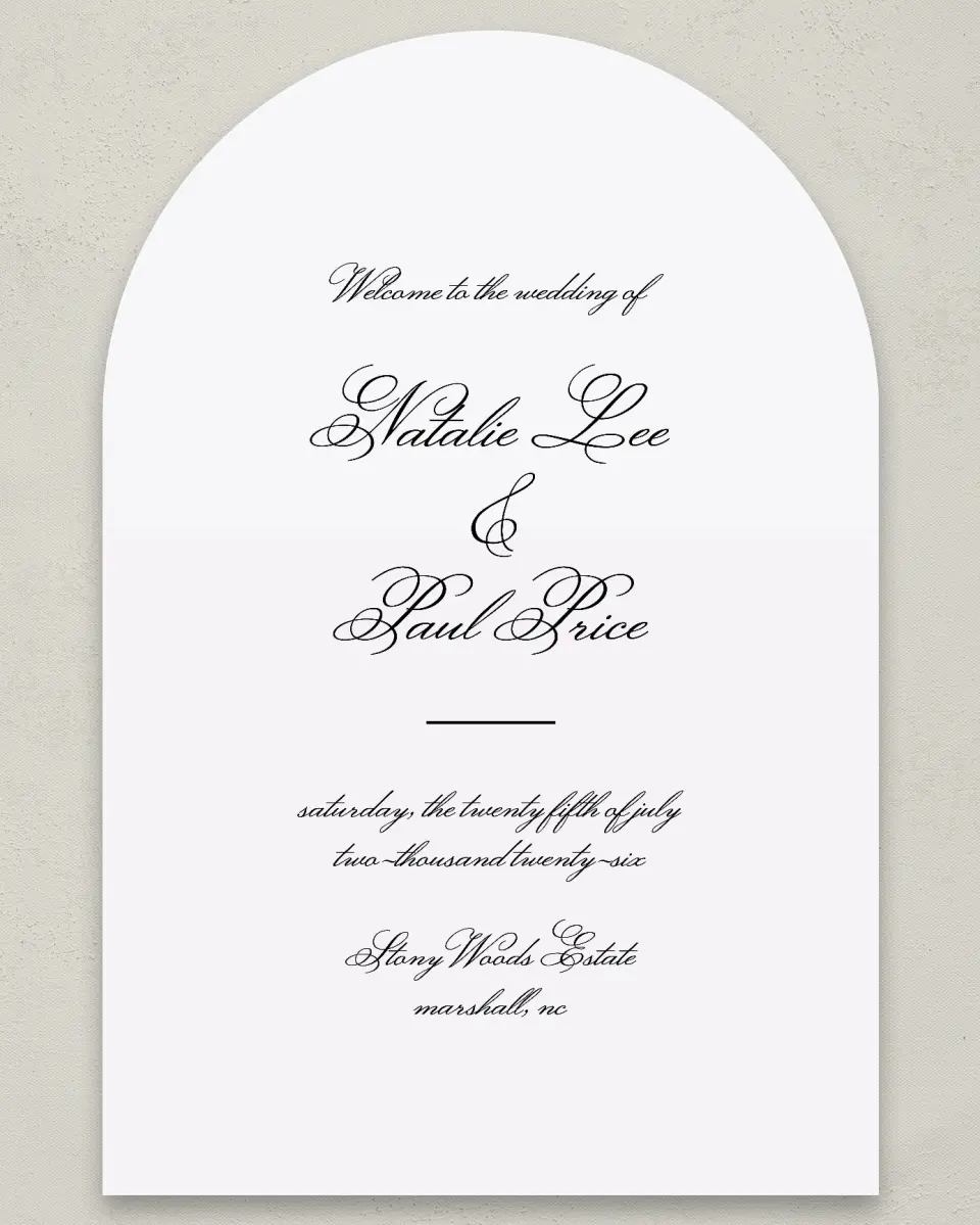 This is a 24" x 36" Arch Welcome Sign called Formal Script printed in full color