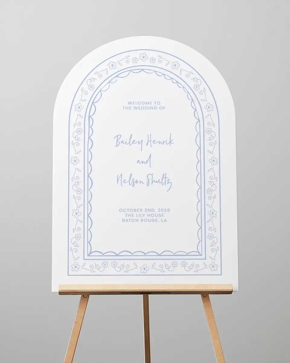 This is a 24" x 36" Arch Welcome Sign called Framed in Flowers printed in full color