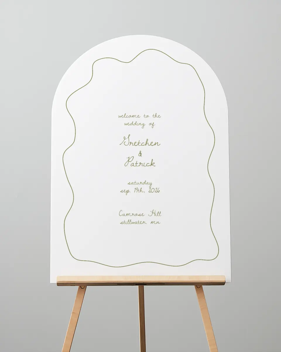 This is a 24" x 36" Arch Welcome Sign called Soft Garden Vows printed in full color
