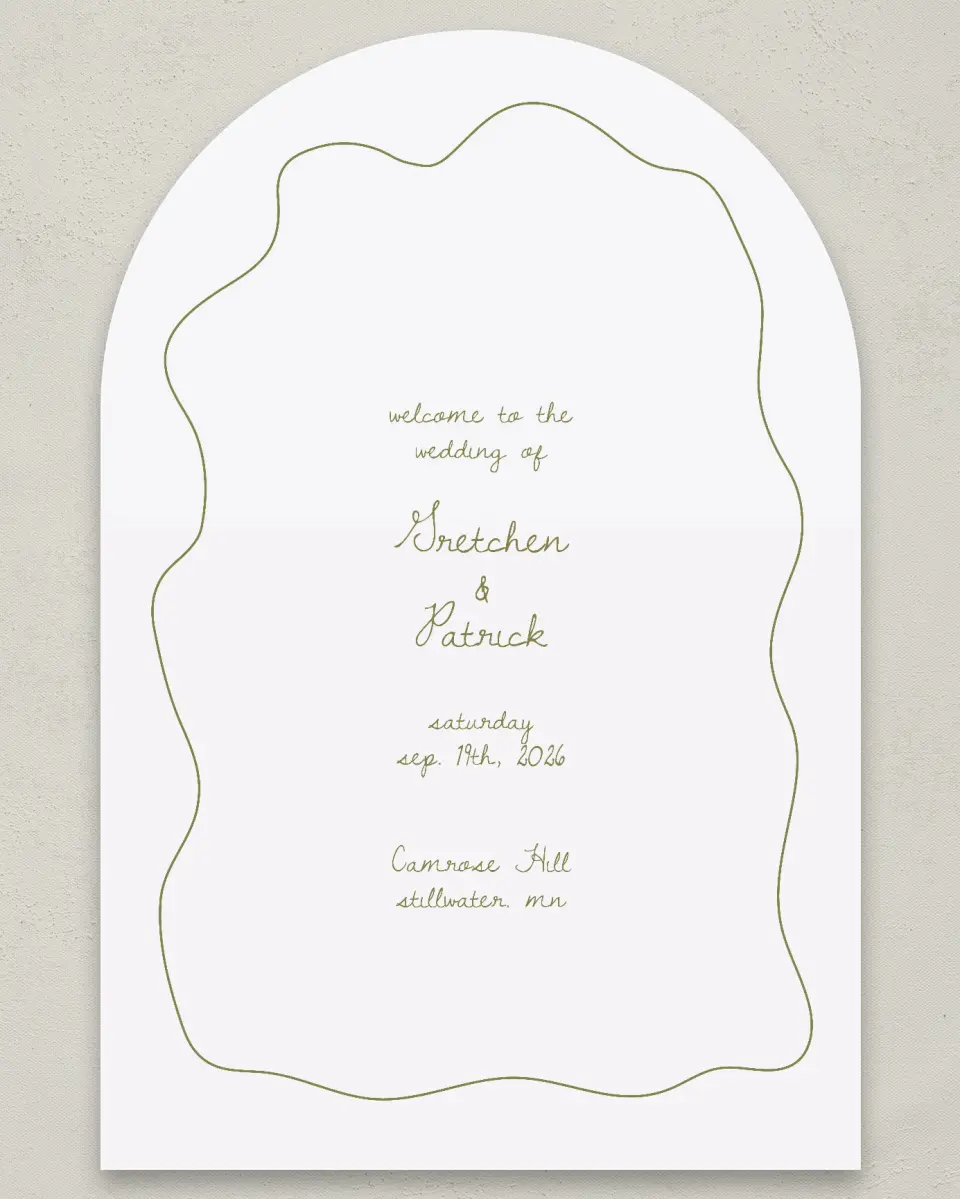 This is a 24" x 36" Arch Welcome Sign called Soft Garden Vows printed in full color