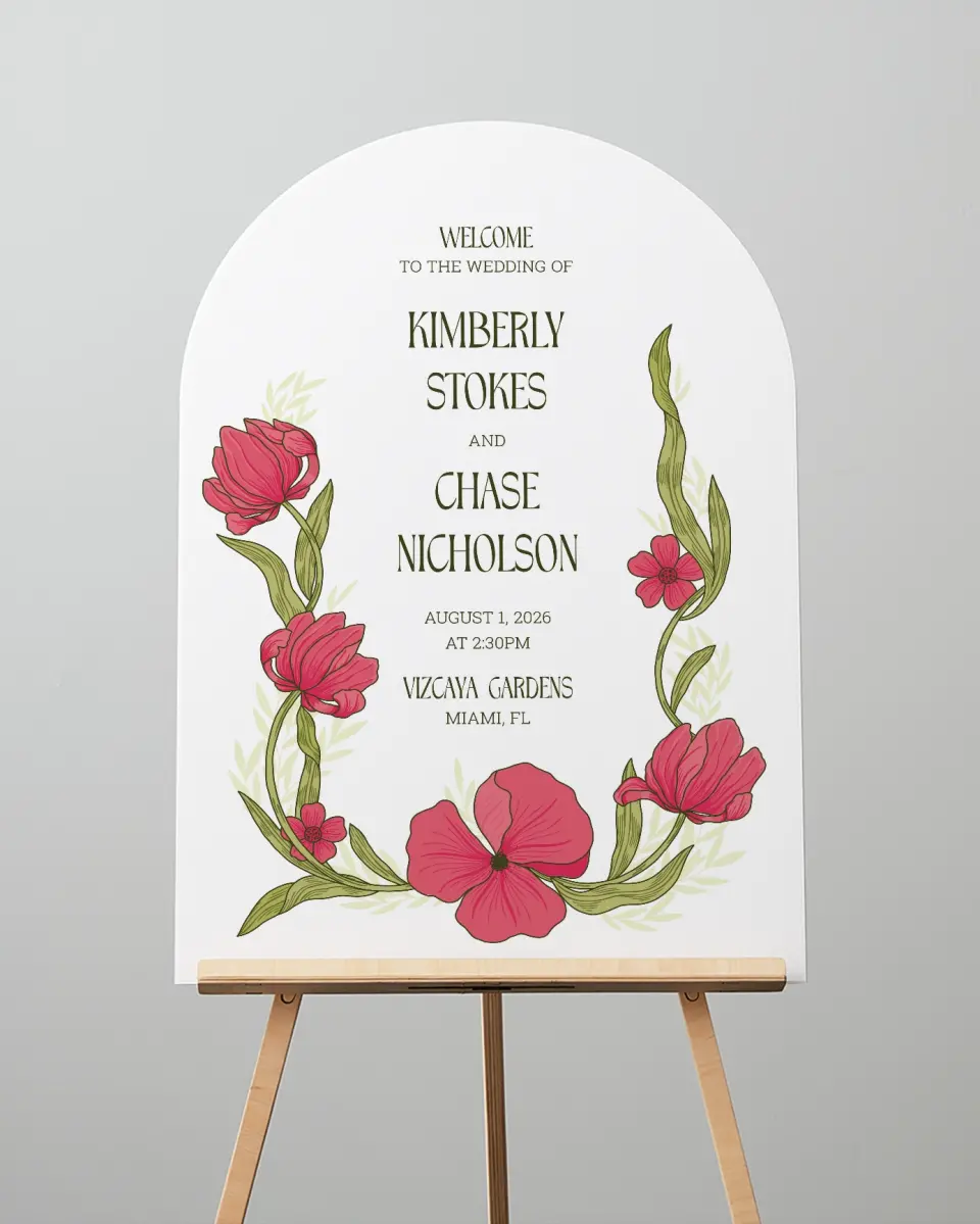 This is a 24" x 36" Arch Welcome Sign called Nouveau Romance printed in full color