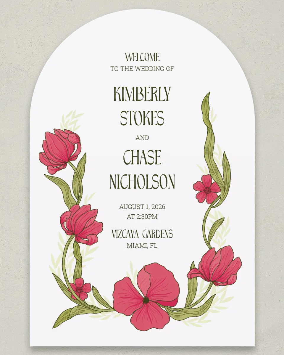 This is a 24" x 36" Arch Welcome Sign called Nouveau Romance printed in full color