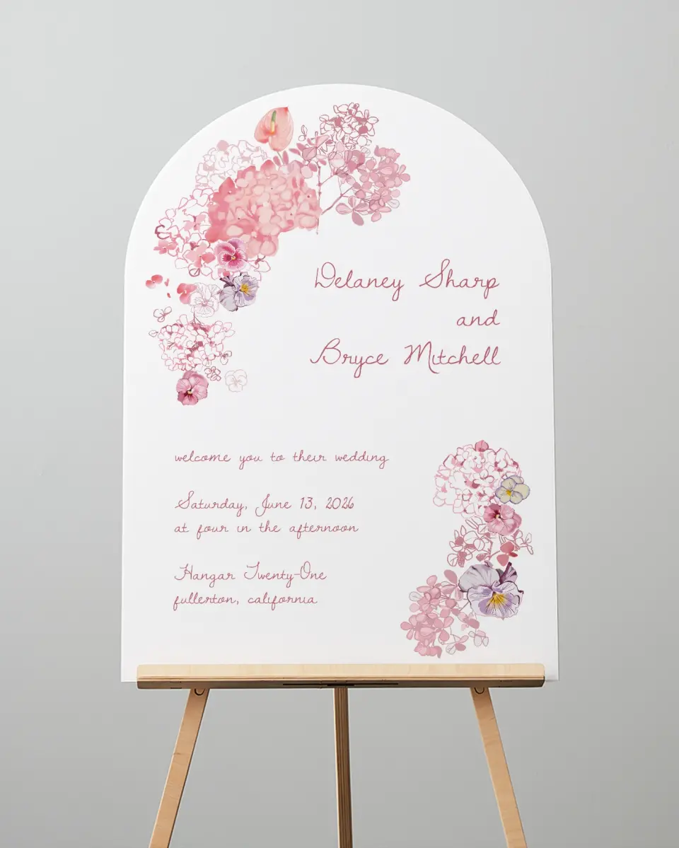 This is a 24" x 36" Arch Welcome Sign called Blushing Whimsy printed in full color
