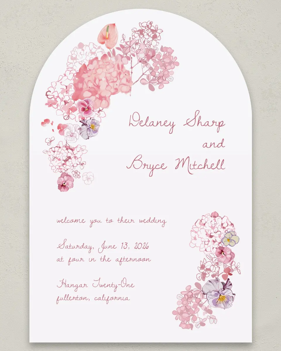 This is a 24" x 36" Arch Welcome Sign called Blushing Whimsy printed in full color