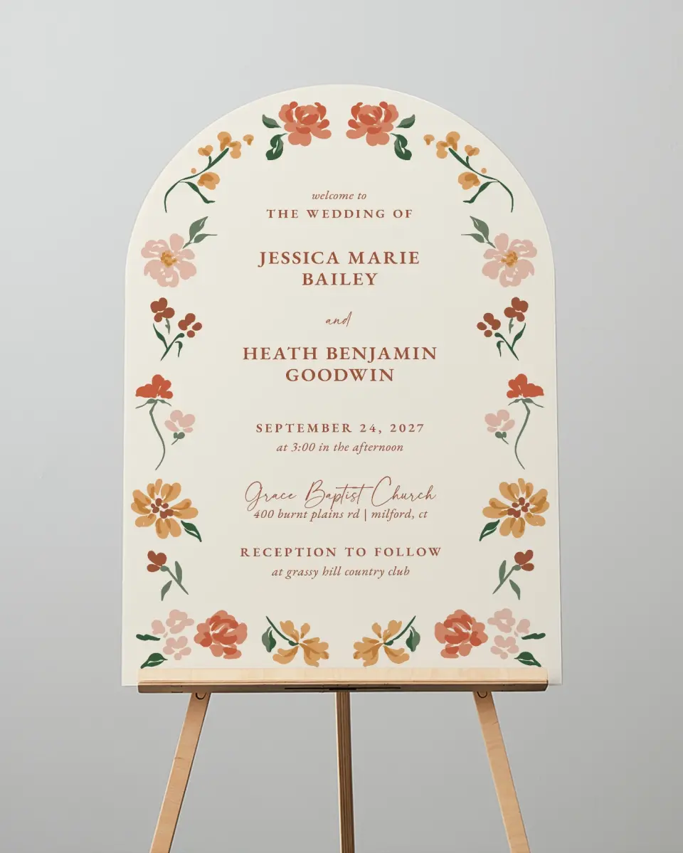 This is a 24" x 36" Arch Welcome Sign called Plush Petals printed in full color