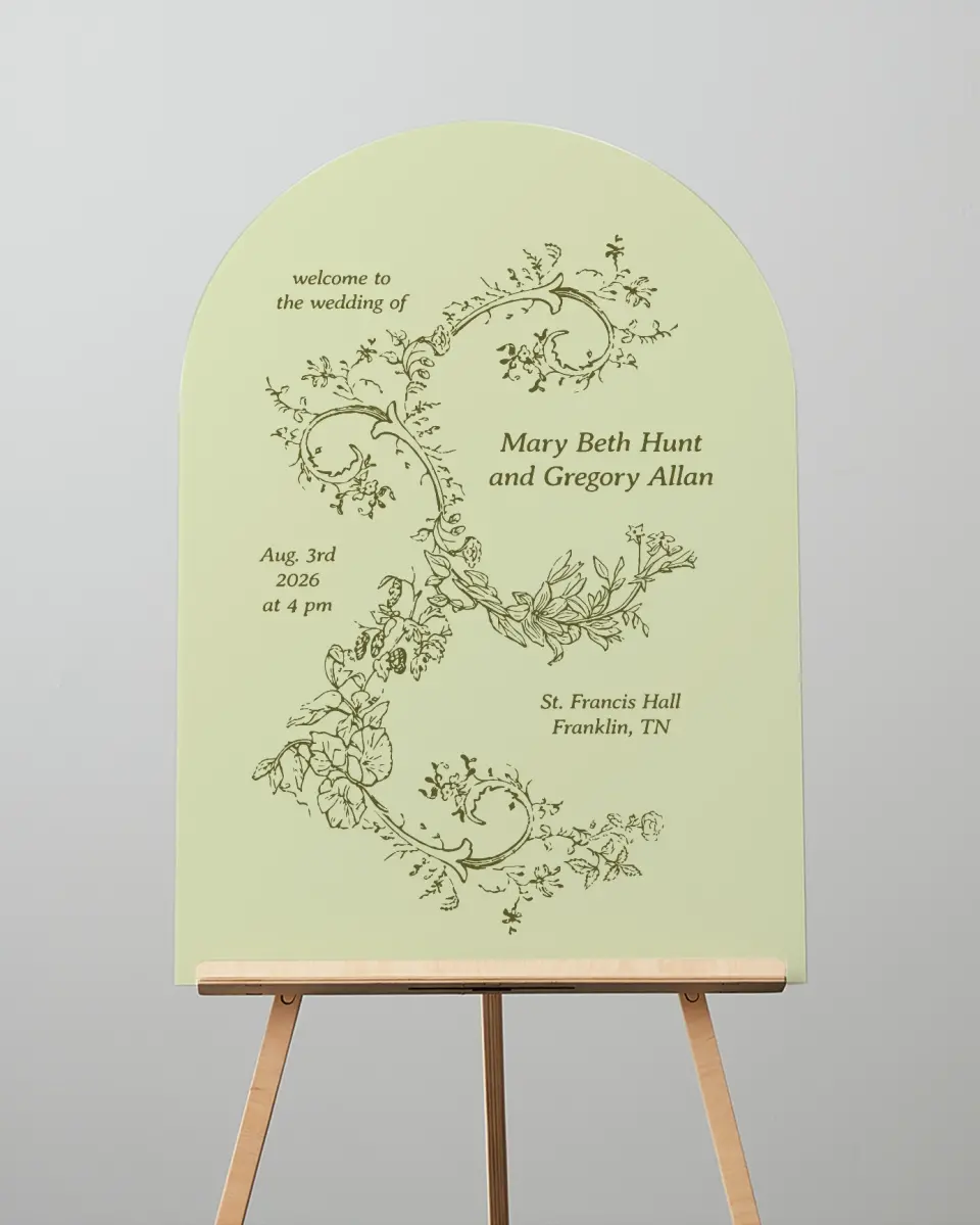 This is a 24" x 36" Arch Welcome Sign called Vintage Chinoiserie printed in full color
