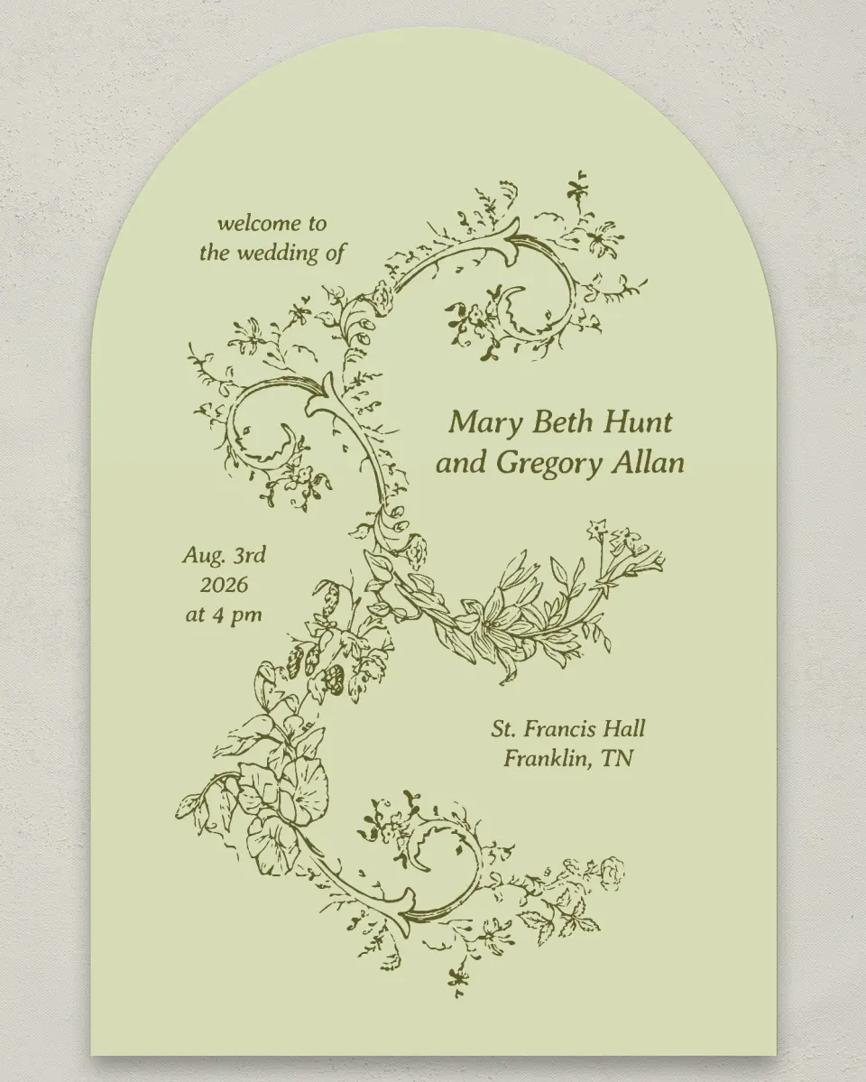 This is a 24" x 36" Arch Welcome Sign called Vintage Chinoiserie printed in full color