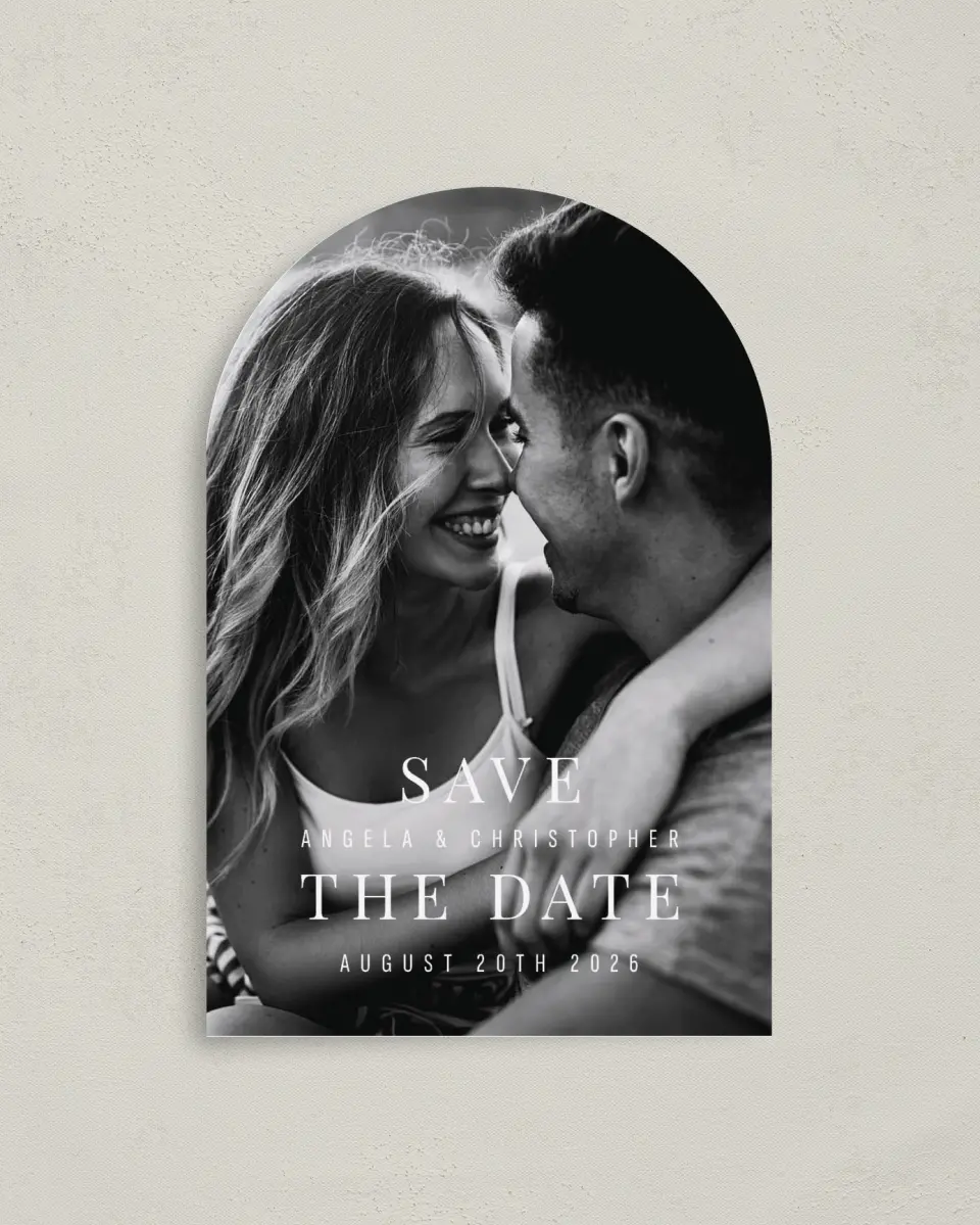 This is a 4" x 6" Arch Save the Dates (Petite) called Lovely Memory printed in full color with Gold foil on Luxe Satin paper