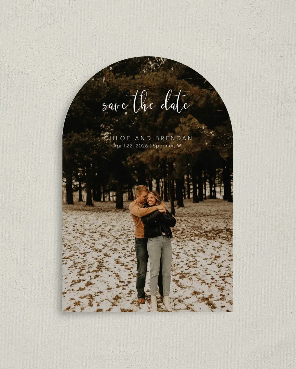 This is a 4" x 6" Arch Save the Dates (Petite) called Daring Script printed in full color on Luxe Satin paper