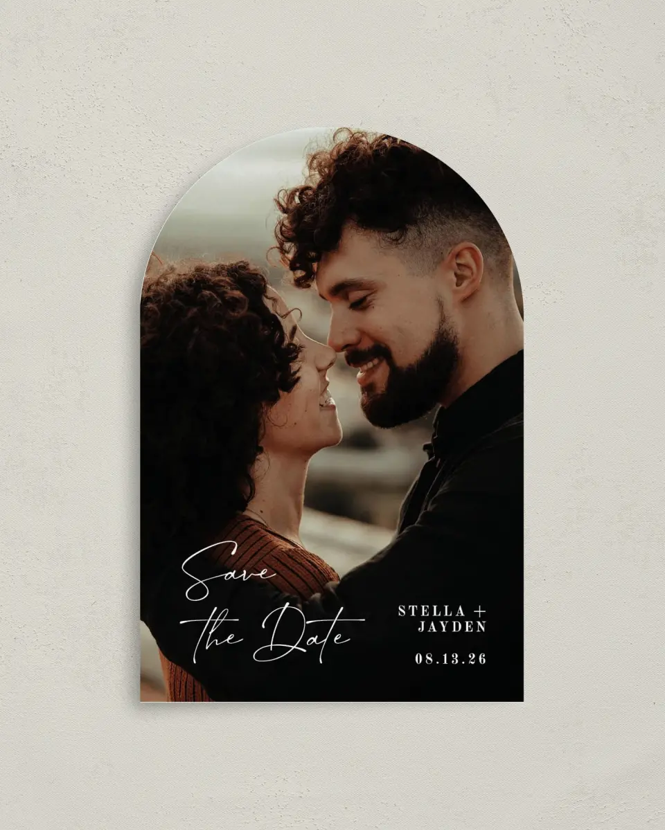 This is a 4" x 6" Arch Save the Dates (Petite) called Delicate Treasure printed in full color with Gold foil on Luxe Satin paper
