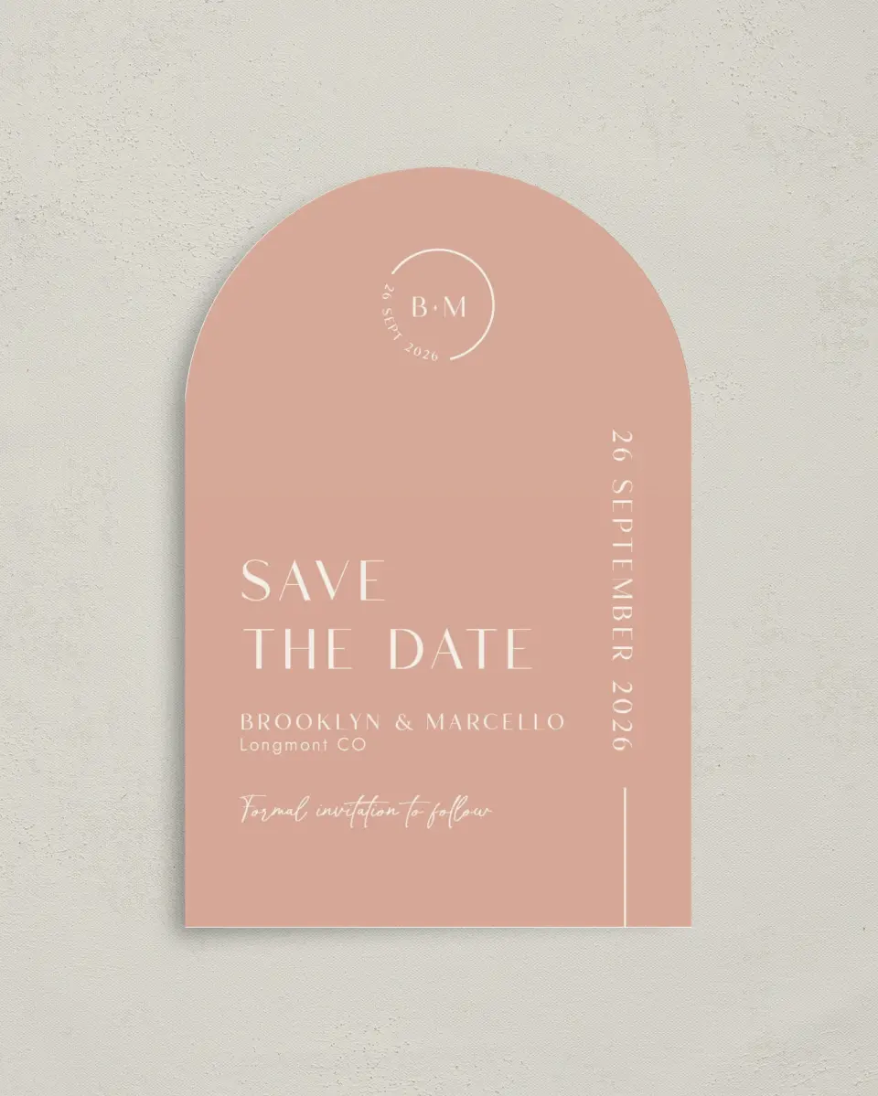 This is a 4" x 6" Arch Save the Dates (Petite) called The Brooklyn printed in full color on Luxe Satin paper