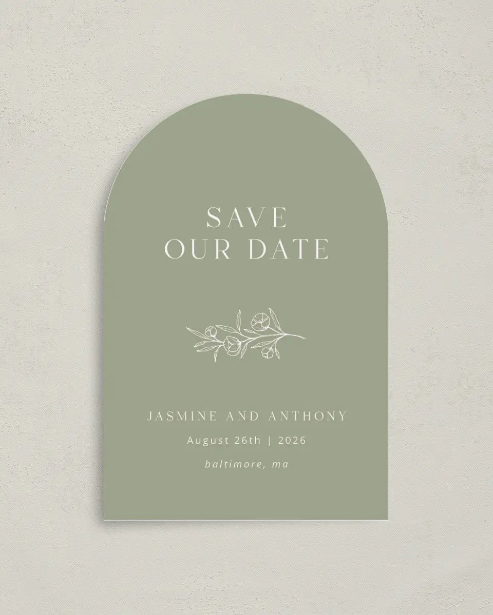 This is a 4" x 6" Arch Save the Dates (Petite) called The Jasmine printed in full color on Luxe Satin paper